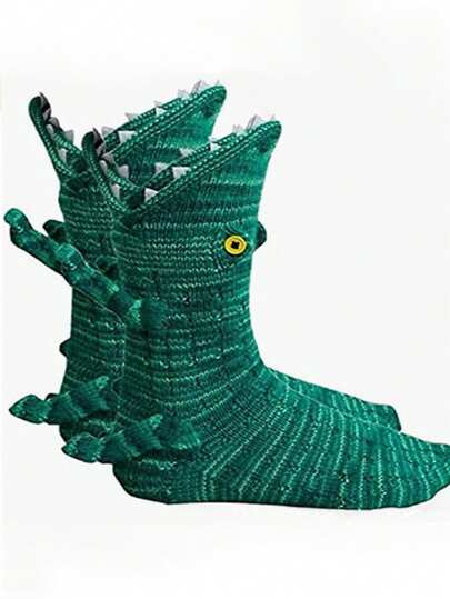 1 Pair Kids Solid Color Knitted Crocodile/Shark Design Warm Socks, Suitable For Daily Wear, Autumn/Winter