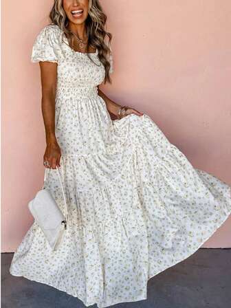 白色荷叶边领口褶皱紧身胸衣花卉长裙