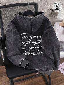 Women's Autumn/Winter Slogan Print Hooded Sweatshirt, Slightly Stretchy, Fitted, Washed And Distressed, Thermal Lined Cotton Blend Black Long-Sleeved Cardigan Zip-Up Hoodie, Casual Everyday Jacket - Black - View 2