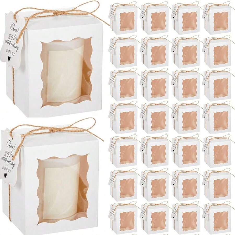Hộp quà tặng nến 30 chiếc/gói, có cửa sổ trong suốt, kích thước 8.5*8.5*10cm, màu nâu và trắng trơn, kèm thẻ quà tặng và dây gai, thích hợp để đóng gói quà cưới, sinh nhật, lễ rửa tội, quà tặng tiệc tùng, bánh ngọt. - Nhiều màu - Xem 1