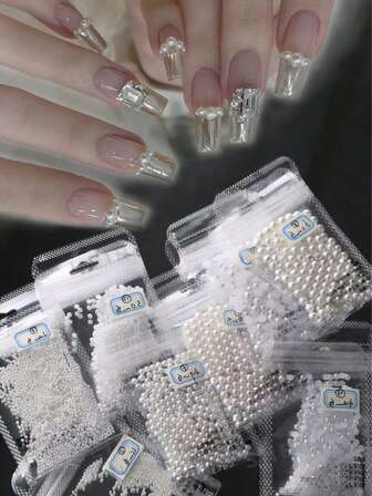 珍珠美甲装饰 - 扁平圆形和半圆形，高光泽不剥落白色球形珍珠，日式珍珠美甲配件，DIY珠宝用品