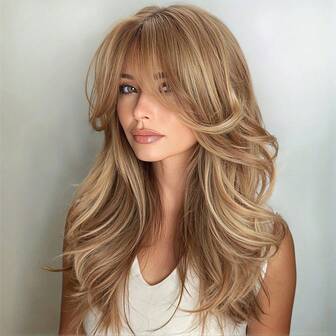 Lagerperuk Med lugg Värmebeständigt fiber Syntetiskt hår Axellångt Mittendel Lockigt Peruk Blandade färger Kroppsvågigt Peruker För kvinnor Vardagsliv Fest- eller cosplay-bruk