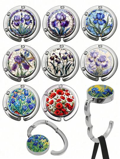1pc Elegant Metal Round Folding Hook, Paired With Vibrant Blue Iris Flower And Greenery - Portable Handbag Holder & Desktop Organizer, Art Clip Suitable For Home, Office, Fashionable Women's Accessory, For Hanging Keys, Cables, Jewelry