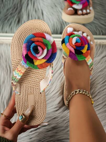 女士彩色卷边丝带装饰人字拖，彩色条纹平底凉鞋，夏季沙滩度假绳底鞋，休闲旅行必备鞋履