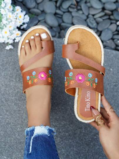 Women's Embroidered Flat Slide Sandals, Women's Flat Beach Sandals