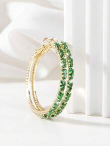 1pair Fashionable Copper Earrings With Inlaid Graduated Square Cut Zirconia In Red, Green, Gold, And Black Colors For Women, Suitable For Daily Wear, Luxurious High-End Party And Gift Giving - Green - View 6