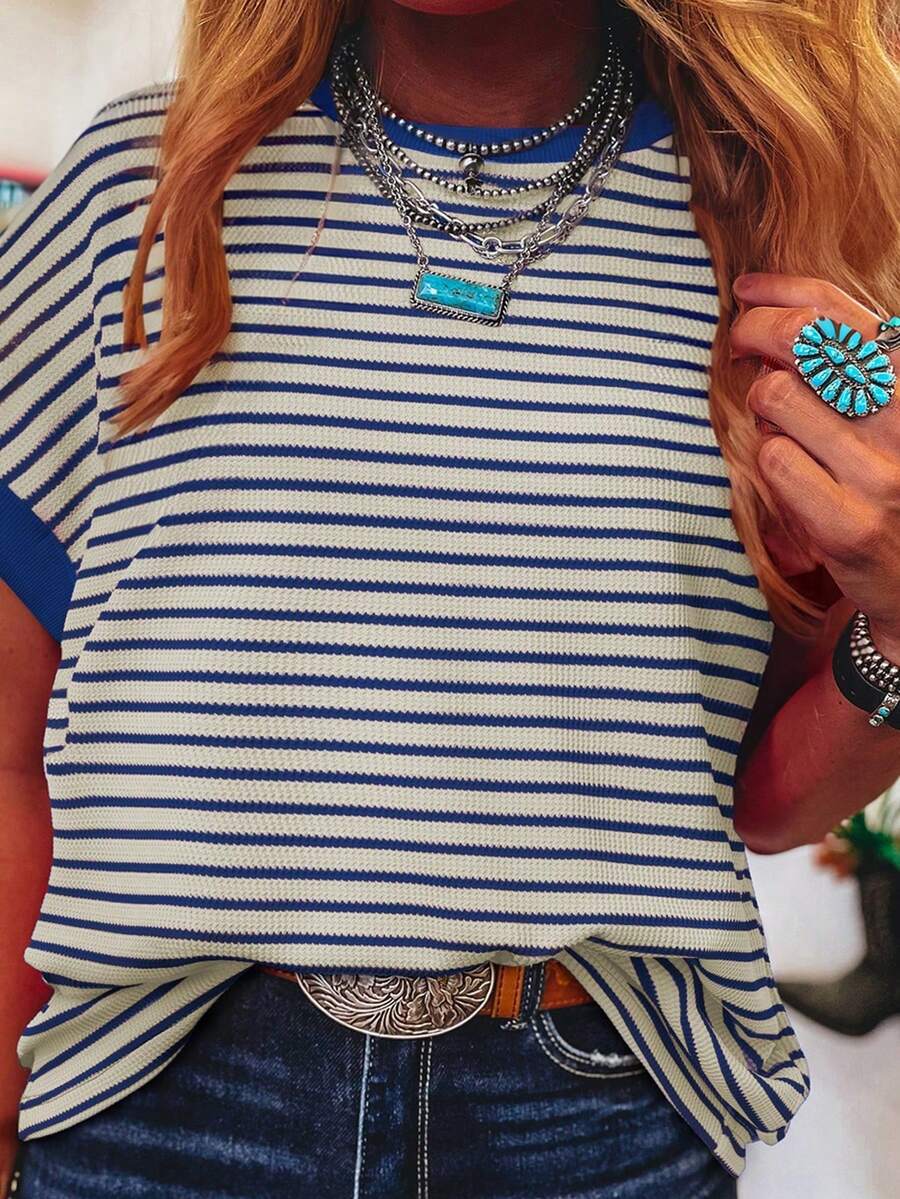 Acelitt 条纹撞色肩部短袖针织休闲圆领T恤，夏季 - 藍色 - 查看 1