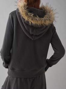 Women's Spring Fleece Lined Full-Zip Hoodie Faux Fur Trim Cozy Lounge Days Casual Errands Weekend Hangouts Sweatshirts - 深灰色 - 查看 2