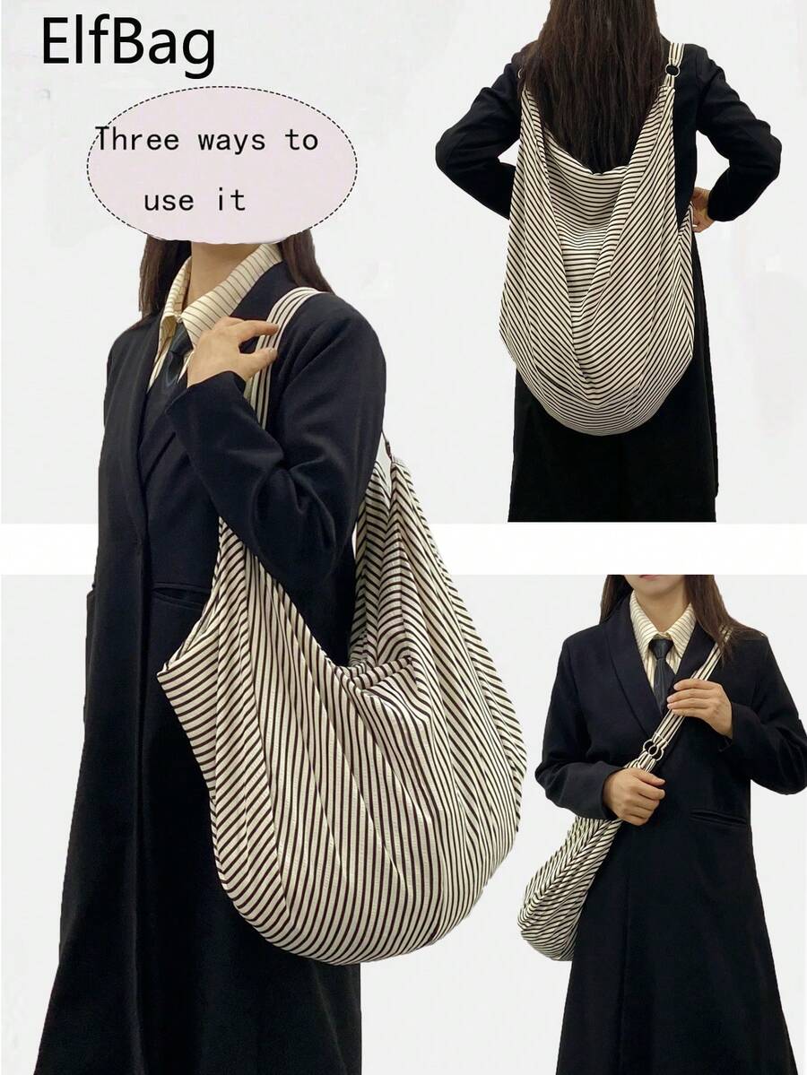 大容量条纹图案单肩包，经典黑白条纹面料，柔软可折叠收纳袋，轻薄设计，拉链封口女士斜挎包，休闲百搭手提包，适合工作、上学、旅行 - 黑與白 - 查看 1