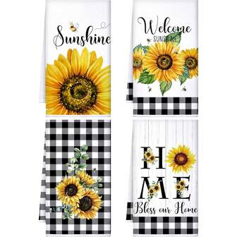 4条向日葵图案彩色厨房巾，非常适合乡村风格厨房。这些厨房巾饰有向日葵图案，适合节日庆典、婚礼装饰，厨房和浴室均可使用。