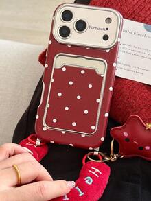 1pc Polka Dot Leather Card Slot Handheld Case Compatible With Apple 11/12/13/14/15/16/17/Pro Max - Burgundy - View 4