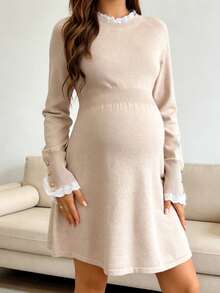 孕妇毛衣连衣裙，A字版型，领口和袖口饰有蕾丝花边，休闲日常穿着，针织长袖孕妇毛衣连衣裙 - 杏色 - 查看 1