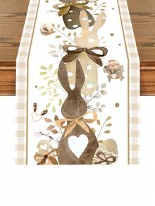 1pc Easter Bunny Table Runner, Coffee Brown Easter Eggs & Leaves Pattern Tablecloth, Seasonal Spring Kitchen Dining Table Decor, Holiday Party Outdoor Decoration, Happy Easter Home Decor, Farmhouse Style Gift, 13x70 Inches - Multicolor - View 3