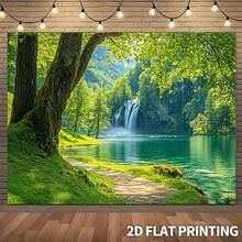 1 peça de tecido de fundo com tema de paisagem natural 2D plana com cachoeira, lago e floresta verde, ideal para banners de festa, fotos de natureza campestre dos sonhos, decoração de casamento e aniversário de verão. - Multicolorido - Ver 2