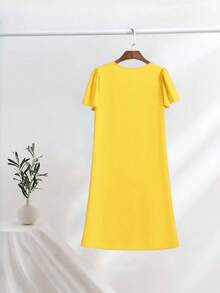 SuofeiMan Váy cổ chữ V thanh lịch mới, váy dài vừa vặn màu trơn đa năng, phù hợp mặc đi làm và thường ngày, mùa hè/thu - Màu vàng - Xem 4