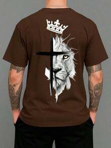 Unisex Crew Neck T-Shirt With Lion And Cross Religion Design, 100% Cotton, 30.1 Yarn, Comfortable Shirt, Religious Print, Stylish Shirt, Various Colors - Rỉ Nâu - Xem 3