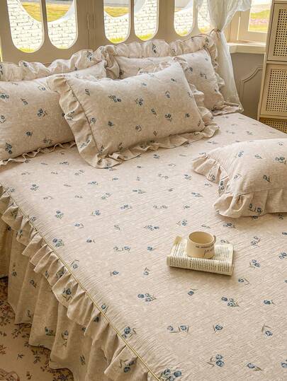 3pcs Linen Ruffle Bed Skirt Set (1pc Bed Skirt + 2pcs Pillowcases), Vintage Blue Rose Floral Print Bedding Set, Suitable For Double/Single Bed, All Season