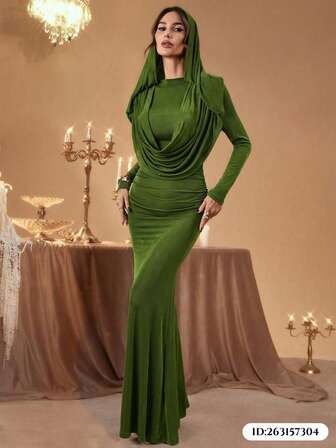 Women's Elegant Green Smooth & Glossy Fitted Maxi Dress - Features Draped Neckline, Hooded Design, Fishtail Hem, Ideal For Bridesmaid, Wedding, Afternoon Tea, New Year Celebration And More