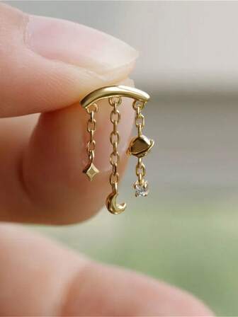 EleRunis 1PC 925 Sterling Silver Star Moon Studs Flat Back Cartilage Helix Piercing Jewelry For Women Daily Wear Wedding Party Engagement Anniversary Valentine's Day