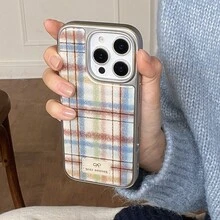Retro Silver Edged Resin Plush Plaid Phone Case Compatible With Apple 17 Pro Max, 16 Pro Max, 15 Pro, 14, 13, Cute & Fashionable Phone Protective Cover For Girls - Multicolor - View 2
