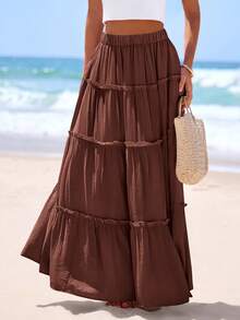 Women's Tiered Maxi Skirt Summer Spring Fashion  High Waisted Long Flowy Casual Boho Beach Vacation Clothes - 棕色 - 查看 6