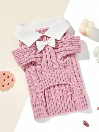 1 st husdjurströja med rosettdesign, klassisk skjortkrage, kabelmönster lämplig för katter och små/medelstora hundar, söt stil lämplig för alla hjärtans dag-festoutfit