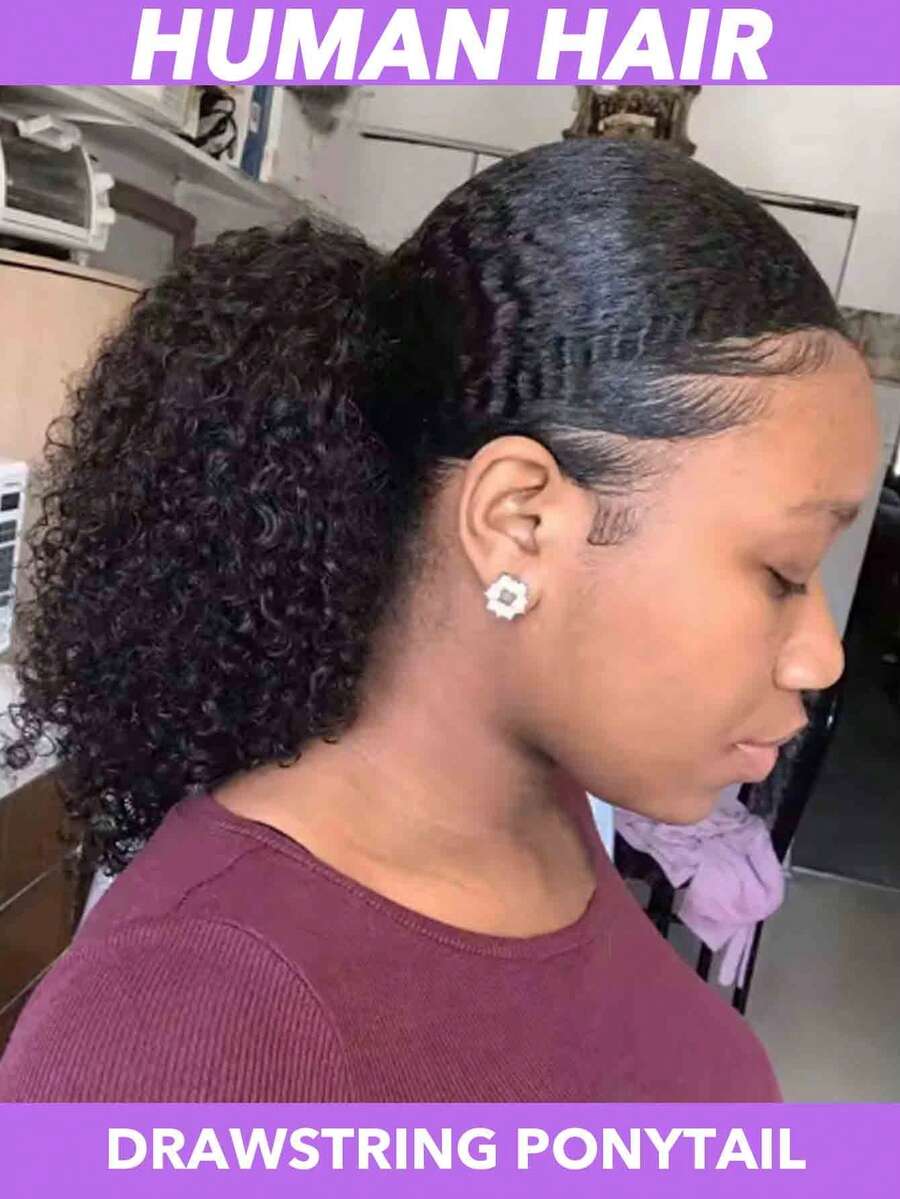 真人发非裔蓬松卷曲马尾辫抽绳马尾辫 4C 适合打造蓬松非洲式发型抽绳马尾辫接发 真人发自然黑色 16 18 20 英寸 女士适用 易于使用和保养 佩戴方便（自然黑色 #1B 深棕色 #2） - 彩色 - 查看 1