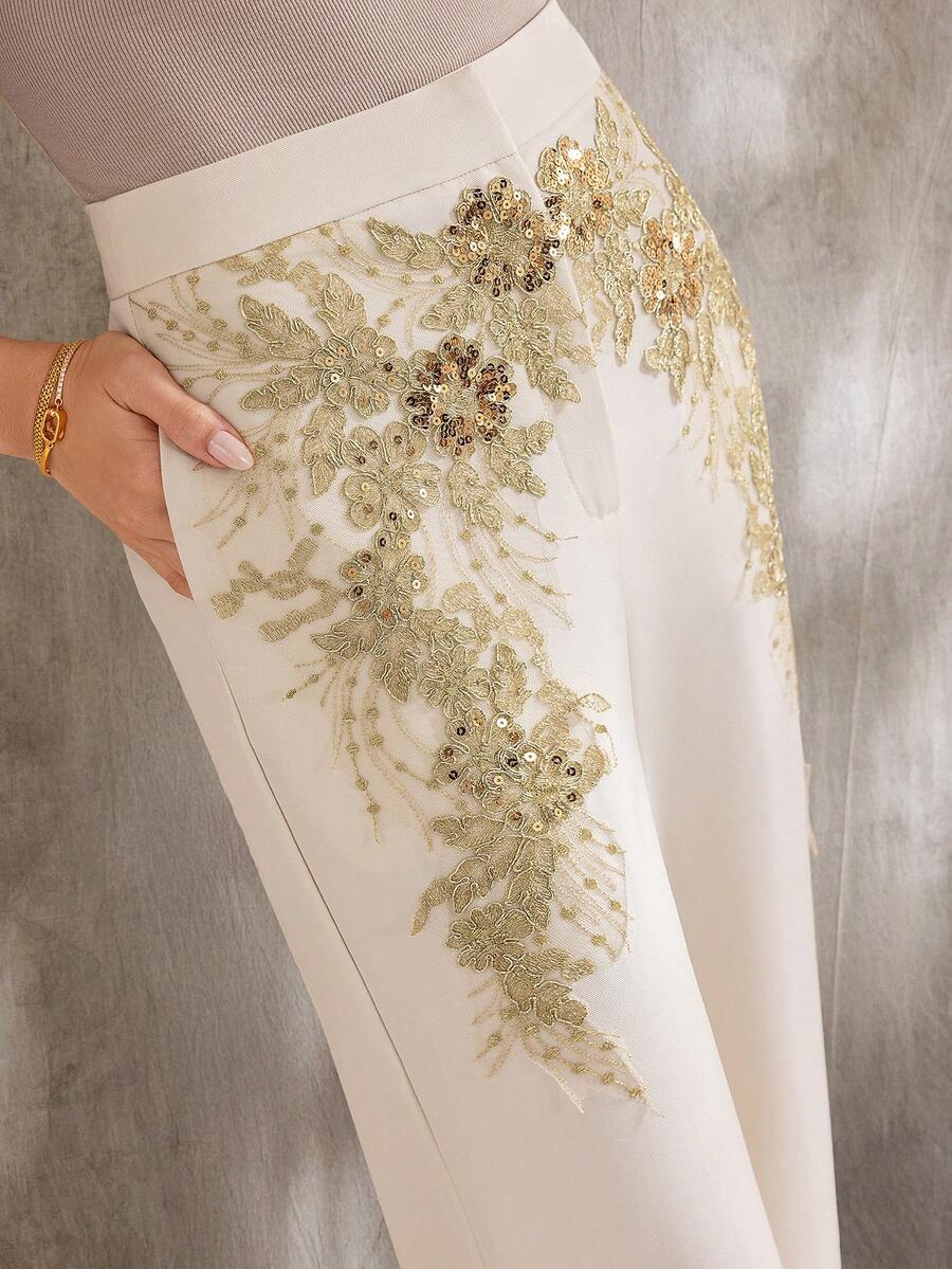 A&A Elegant 3D Flower Sequin Embroidery Pants, Old Money Style, Court Style, Modest, Business Casual Woman