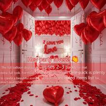 61件組情人節 I Love You 氣球套組－紅色仿真花瓣＋18吋紅色愛心鋁箔氣球＋10吋紅色乳膠氣球，適合情人節求婚、浪漫裝飾、婚禮佈置、飯店房間裝飾、紅色背景牆裝飾 - 彩色 - 查看 4