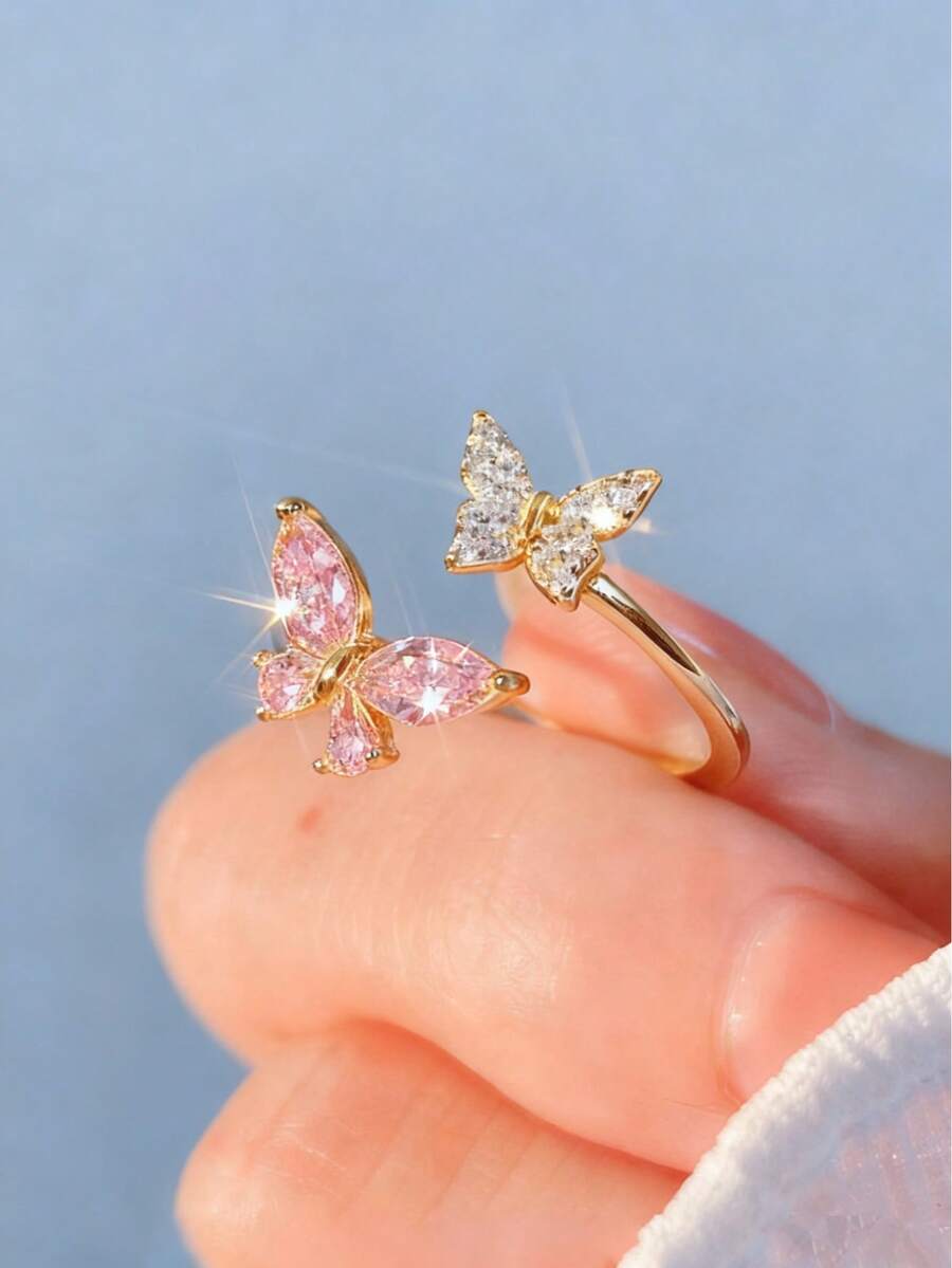 1pc Butterfly Micro-Inlaid Zirconia Stone Ring, Fashionable Adjustable Open Ring, Versatile For Women