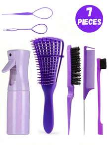 1/3/7件套美发梳套装，含200毫升喷雾瓶、编发圈、蓬松梳、尖尾梳、长尖尾梳、骨尖梳、分缝梳、染发梳、卷发梳、黑色头发专用梳，适用于3a至4c卷曲的非洲发质，干/湿/浓密卷发均可使用，去除头皮堆积物，打造亮泽卷发（黑色、粉色、紫色）。 - 彩色 - 查看 5