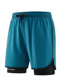 1pc Solid Color Sports Shorts, Anti-Chafing Lightweight, Double Layer Unisex Couple Shorts For Running, Outdoor, Gym, Spring/Summer - Blue - View 3