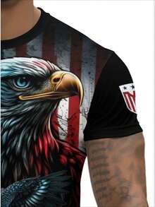 Men's 3D All-Over Print USA Flag & Eagle Patriotic T-Shirt - Heavyweight 4th Of July Shirt With 3D Bald Eagle & American Flag Design, Red/White/Blue Colors, Casual Round Neck Short Sleeve Tee For Independence Day, Casual Attire & Themed Events - Machine Washable, Comfortable Fit, Ideal For Men's Fashion & Patriotic Celebrations, Featuring USA Lettering & Eagle Motif, PLUS SIZE - 彩色 - 查看 4