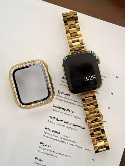 2pcs/Set Combo For Apple Watch Band And Case, Gold, 14mm Slim Fashionable Metal Material, Compatible With Apple Watch Band And 2-In-1 Protective Case, Integrated Protective Case, Anti-Shock, Anti-Scratch, Anti-Dust, Compatible With Apple Watch Case, Suitable For Ultra 3/2/1 SE/S10/S9/S8/S7/S6/S5/S4/S3/S2/S1