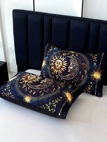 3PCS Golden Sun And Moon Planet Intensification Quilt Set(1 Comforter+2 Pillowcases Without Pillow Core), Contains Padding 180gsm Quilting Soft Ventilate Digital Printing Bedroom Dormitory Room Decor King Size Quilt Cover Set - Nhiều màu - Xem 8