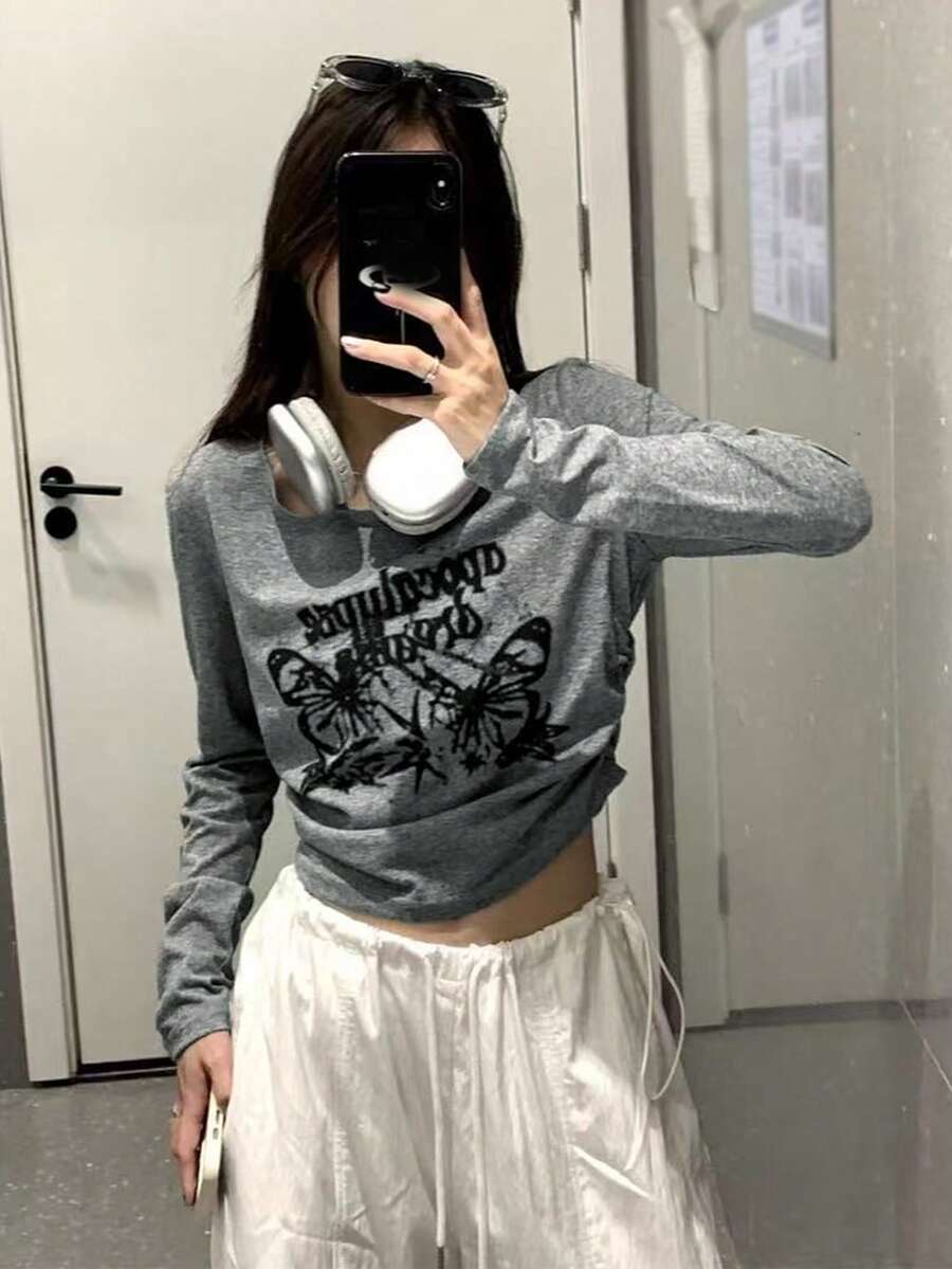 Áo thun dài tay in họa tiết phong cách Mỹ cổ điển, áo croptop thắt eo. - Xám - Xem 1
