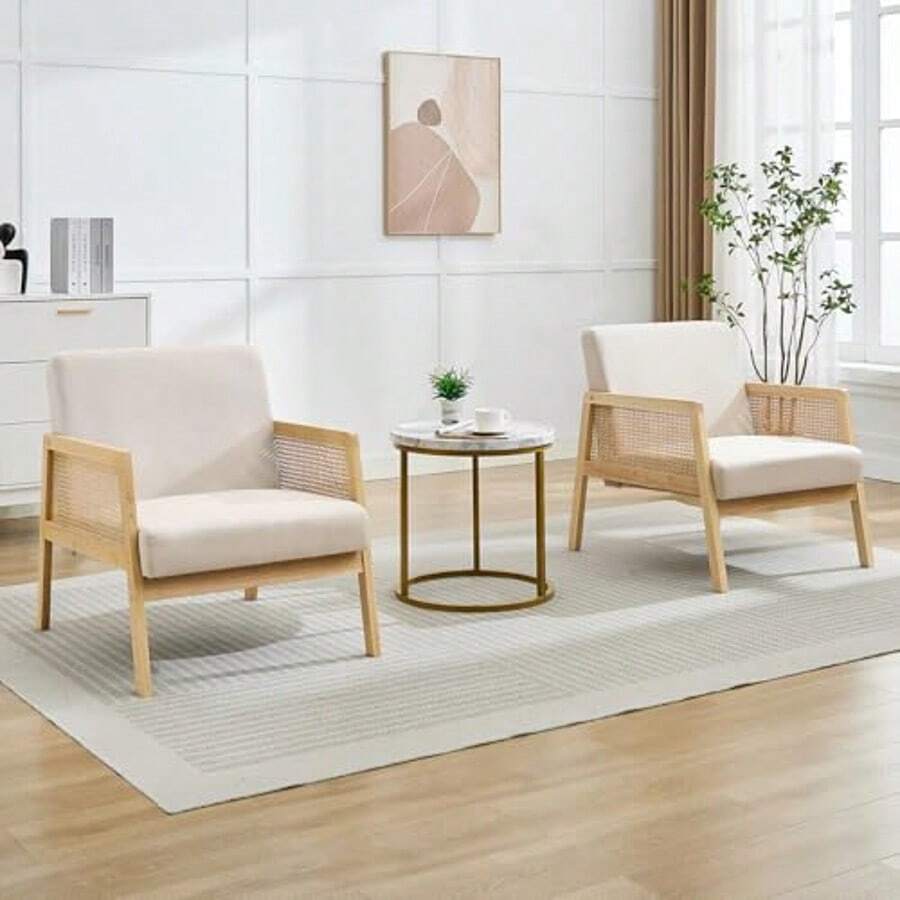 Sillón moderno de mediados de siglo con reposabrazos de ratán, tapizado de lino y patas de madera, con capacidad de 136 kg, ideal para sala de estar, dormitorio, rincón de lectura y oficina en casa. Color blanco. - Multicolor - Ver 1