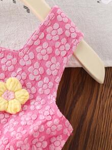 2pcs/Set Girls Casual Floral 3D Applique Soft Comfortable Woven Fabric Camisole Top And Shorts Set, Suitable For Outdoor Wear, Spring/Summer