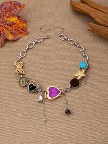 1 pieza Collar con múltiples elementos de estilo Y2K con dijes de reloj/corazón/estrella/mariposa de imitación, collar con dijes de moda para mujeres, regalo ideal para el Día de San Valentín (Diseño de reloj de imitación, significado: Congela el tiempo en el momento talla grande hermoso, deja los recuerdos talla grande dulces) - Corazón morado - Ver 3