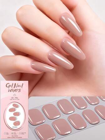 16pcs Semi-Cured Gel Nail Stickers, Elegant Solid Dusty Pink Design, Self-Adhesive Full Nail Wraps, Require UV Lamp, Easy To Apply And Remove, Fashion Nail Art Supplies For Women And Girls Daily, Party, Date
