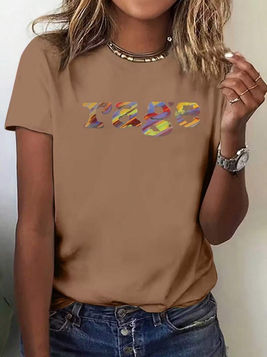 Spring Tops Women Y2K Retro 90s 80s Inspired Loose T-Shirt With Y2K Logo Print (Brown And Colorful) - Casual Short Sleeve Round Neck Top S-XXL, 90s Nostalgic Letter Print, Suitable For 90s Themed Outfits Loose And Comfortable Tops - 咖啡色 - 查看 1
