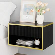 Floating Nightstand Set Of 2, Night Stand With Open Shelf And Fluted Drawer, Modern Wall Mounted Bedroom Furniture, Gold Border Side Table, Room Deocr, White/ Black - 黑色 - 查看 9