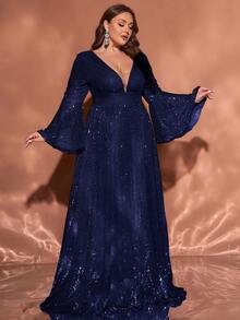 Plus Size Women Navy Blue Sequin Deep V-Neck Flare Sleeve A-Line Maxi Party Evening Dress - Navy Blue - View 5