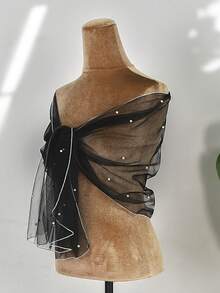 1pc Black Single Layer Sheer Pearl Shawl, Lightweight & Breathable, Suitable For Women's Daily Outfit, Autumn/Winter, Valentine's Day Gift - Black - View 5