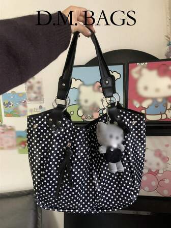 1pc New Korean Minimalist Polka Dot Canvas Tote Bag, Women's High-Quality Large Capacity Solid Color Casual Commuter Shoulder Bag