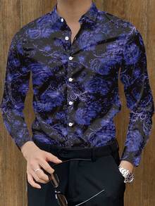 New Spring/Autumn Men's Fashion Long Sleeve Thermal Press Casual Printed Shirt - Blue - View 4