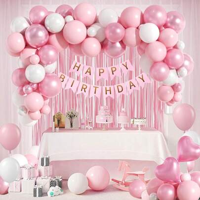 kumozawa 59pcs Pink Birthday Decorations Set - Pearl White, Metallic Pink Balloons, Tassels, Curtain, Banner, Suitable For Happy Birthday Decor