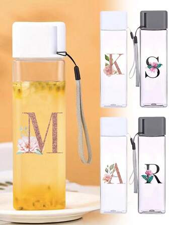 500毫升透明水瓶，男女通用徒步运动杯，创意26字母印花塑料杯，户外旅行便携水瓶，花朵茶饮水瓶，礼品