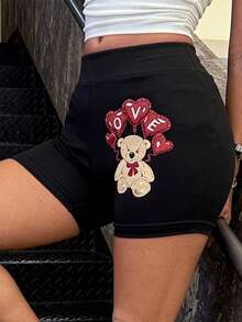 Women's Casual Commuter Teddy Bear, Letter, Heart Balloon Print Cycling Shorts, Summer - Black - View 4