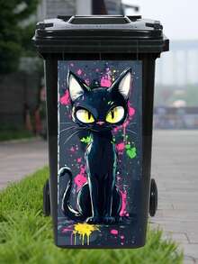 3D Blue Cat, Landscape Pattern Trash Can Sticker, Waterproof PVC Outdoor Trash Can Poster, Removable Sticker, 4 Size Options